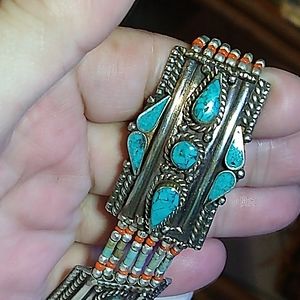 INDIA STERLING MARKED-TURQUOISE/CORAL BRACELET. PRICED  , TO ADJUST .
